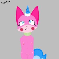:3 anthro blue_eyes blue_horn blue_tail blush cat_ears cub furry gray_background grey_background guronyan pink_ears pink_fur princess_unikitty unicorn_horn unikitty unikitty! unikitty_(series) watermark young young_female