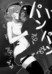 1boy animenokuni anis_(nikke) black_thighhighs female goddess_of_victory:_nikke grey_background kissing netorare sex smile straddling thigh_strap thighhighs upright_straddle