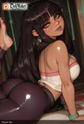 ai_generated anklet ass bangle bangs bare_shoulders barefoot black_hair blunt_bangs blush bracelet breasts brown_eyes dark-skinned_female dollmaker dollmaker_(artist) earrings feet feet_up female hoop_earrings jewelry large_breasts lips long_hair looking_at_viewer lying on_stomach patreon_logo patreon_username smile soles solo tagme the_pose toeless_legwear toes watermark web_address