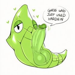 ai_generated anthro balls big_penis blush dialogue english_text erection feral generation_1_pokemon genitals green_body heart hellsonger hi_res humanoid_genitalia humanoid_penis looking_at_viewer male metapod narrowed_eyes nintendo penis pokemon pokemon_(species) reptile scalie simple_background solo speech_bubble text white_background