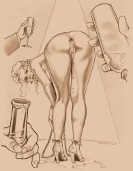 after_gangbang after_sex bent_over bondage chained cum_drip cum_in_ass cum_in_pussy gaping_anus high_heels questionable_consent rebecca_(artist) toast wrists_to_ankles