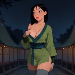 1girls ai_generated bottomless breasts c.c.leah disney fa_mulan flashing flashing_breasts kimono mulan mulan_(1998_film) nipple_bulge nipple_outline nipples outdoors solo solo_female solo_focus thighhighs thighs top top_only