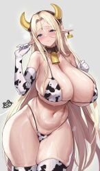 1girl absurdres alternate_costume animal_print areola_slip bell bikini blonde_hair blush breasts cerestia_of_life cow_horns cow_print cow_print_bikini cow_print_gloves cow_print_thighhighs cowboy_shot curvy ear_tag elbow_gloves elf fake_horns female gloves highleg highleg_bikini highres horns huge_breasts last_origin long_hair looking_at_viewer micro_bikini navel neck_bell pointy_ears print_bikini print_gloves print_thighhighs serin199 shiny_skin skindentation solo stomach straight_hair sweat swimsuit thick_thighs thighhighs thighs thong thong_bikini very_long_hair wide_hips