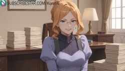 1girls ai_generated artist_name artist_signature blonde_hair blue_eyes breasts dress earrings glasses henrietta_(log_horizon) hi_res high_resolution highres indoors jewelry juliet_sleeves kurutai log_horizon looking_at_viewer paper_stack puffy_sleeves smile solo subscribestar subscribestar_username uncensored