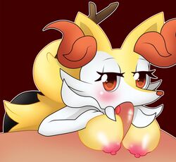 anthro big big_breasts blush braixen breasts canine erection eyelashes fellatio female fennec fox fur hand_on_breasts hi_res human looking_at_viewer male nintendo nipples open_mouth oral oral_sex orange_fur paizuri penis plain_background pokémon_(species) pokemon pokemon_(species) razzberri red_background red_eyes sex squeeze stick straight tongue tongue_out video_games white_eyes white_fur wood yellow_fur