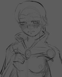 black_hair blush blush cape crying daimonart female_only flustered hair_over_one_eye hood line_art looking_at_viewer monochrome open_mouth original_character revealing_breasts revealing_clothes short_hair sketch small_breasts