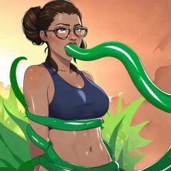 1girls ai_generated arcane breasts brown_hair brown_skin crop_top dark-skinned_female dark_skin female female_focus female_only glasses league_of_legends midriff short_hair sky_young solo solo_female solo_focus tentacle tentacle_around_arm tentacle_around_waist tentacle_in_mouth tentacles_around_arm tentacles_around_waist