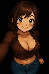 ai_generated big_breasts big_breasts bitch breasts breasts breasts brown_hair cute cute_face female green_eyes jeans looking_at_viewer navel necklace pixel pixel_art pose selfie sexy smile suggestive suggestive_look suggestive_pose sweater waist wallpaper white_skin