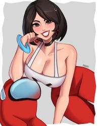 1girls 1other among_us boobs bracelet breasts brown_eyes brown_hair clothed clothes collar crewmate_(among_us) earrings evie_(fortnite) female female_focus fortnite human light-skinned_female light_skin lipstick looking_at_viewer red_(among_us) simple_background smile smiling sweatdrop tagme tits voluptuous voluptuous_female