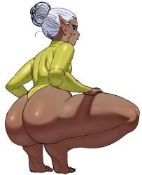 1girls ass bare_ass bare_legs bare_thighs big_ass breasts curvy dark-skinned_female dark_elf dark_skin elf elf-san_wa_yaserarenai female female_focus grey_hair huge_ass humanoid kuroeda large_ass leotard long_hair looking_back pointy_ears ponytail red_eyes solo solo_female solo_focus squatting synecdoche thick_thighs thighs white_hair wide_hips