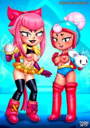 2girls bbmbbf blush brawl_stars breasts female female_only janet_(brawl_stars) looking_at_viewer melodie_(brawl_stars) multiple_girls nipples open_mouth palcomix pussy supercell teeth tongue toon.wtf