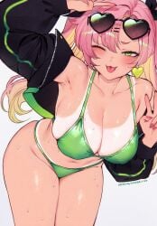 big_breasts bikini blush green_bikini heart_sunglasses jacket nicole_demara nipples_visible_through_bikini one_eye_closed peace_sign qiandaiyiyu swimsuit tan_body tanline thick_thighs tongue_out winking zenless_zone_zero