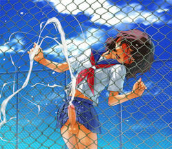 1futa ahoge balls balls_under_clothes black_hair blush bottomless_skirt breasts brown_eyes censored chain-link_fence cloud cum cumshot ejaculation erect_nipples erection erection_under_clothes erection_under_skirt fence futa_only futanari grabbing hands-free handsfree_ejaculation highres intersex masturbation nipple_bulge no_panties open_mouth orgasm orgasm_without_stimulation original penis penis_out penis_under_clothes penis_under_skirt projectile_cum school_uniform serafuku short_hair skirt skirt_lift sky small_breasts solo tekuteku_(yuuhodou) tongue tongue_out