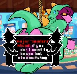 1dr_incognito absurd_res anthro censor_bar closed_hands clothing cosplay costume deltarune dinosaur_costume female freckles godzilla_(series) hair hi_res humor looking_away pattern_background purple_body purple_hair relieved reptile rope scalie simple_background solo susie_(deltarune) toho undertale_(series) yellow_eyes