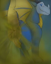 absurd_res animal_genitalia anus ass blue_body blue_eyes blue_scales digital_media_(artwork) dragon european_mythology fart fart_cloud fart_fetish feral genital_slit genitals grascal hi_res horn looking_at_viewer looking_back looking_back_at_viewer male membrane_(anatomy) membranous_wings mythological_creature mythological_scalie mythology raised_tail rear_view scales scalie sendar smile solo tail western_dragon wings