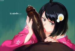 ai_generated aigatari araragi_tsukihi black_hair boy cuckold dark-skinned_male fellatio female interracial japanese_clothes monogatari_(series) netorare netorase ntr oral small_breasts very_dark_skin
