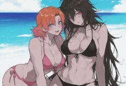 2girls ai_generated beach big_breasts bikini black_bikini choker kizirugai lie_ren nora_valkyrie pink_bikini rwby toned_female yuri