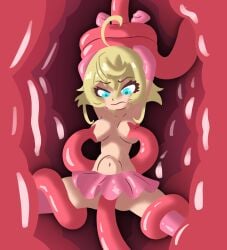 annoyed_expression blonde_hair blue_eyes bound bound_arms bound_legs flesh_tunnel flesh_wall fleshy_tentacle frilly_dress leggings questionable_consent swisschocoart tanya_degurechaff tentacle tentacle_rape tentacle_sex tentacle_sucking_breasts thighhighs youjo_senki