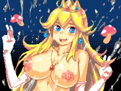 blonde_hair blue_eyes breasts double_v elbow_gloves female mario_(series) mushroom nintendo princess_peach super_mario_bros. topless uniskie_saabunrou v