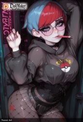 ai_generated blue_hair breasts dollmaker dollmaker_(artist) female fishnet_legwear fishnets glasses hood hood_down hoodie long_sleeves looking_at_viewer lying multicolored_hair pantyhose patreon_logo patreon_username penny_(pokemon) pokemon red_hair short_hair solo tagme watermark
