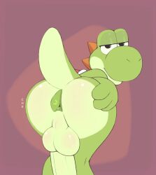 anthro anus ass backsack balls bedroom_eyes bent_over big_balls big_butt cheexy genitals green_anus green_body green_yoshi hand_on_butt hi_res looking_at_viewer looking_back male mario_bros narrowed_eyes nintendo penis raised_tail seductive simple_background smile solo tail yoshi