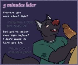 anthro big_nose bros_being_bros canid canine canis drugs duo english_text genitals holding_penis imminent_sex male male/male mammal marijuana muscular penis poorsal solo_focus text tilasu_(shilvascat) time_skip wolf