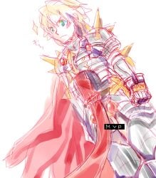 1boy armor balls bar_censor black_pants blonde_hair blonde_pubic_hair blush breastplate cape censored chainmail closed_mouth clothing cowboy_shot crotchless crotchless_pants dutch_angle flaccid green_eyes looking_afar male male_only male_pubic_hair mvp pants penis penis_out pubic_hair ragnarok_online red_cape red_tabard rune_knight_(ragnarok_online) short_hair simple_background solo spiked_gauntlets spiked_pauldrons tabard testicles white_background yukimushi