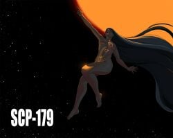 1girls 2d black_body black_hair black_skin female female_focus female_only humanoid in_space long_hair markings marks_on_body medium_breasts miguel-higueras-art monster monster_girl scp-179 scp_foundation space star stars sun very_long_hair