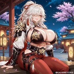 abs ai_generated armor big_ass big_breasts big_butt big_lips bikini_top bimbo cherry_blossoms chinese_clothes cleavage gachareverse genderswap_(mtf) honkai:_star_rail japanese_clothes jing_yuan lantern muscular outdoors pixai rule_63 sitting sitting_on_table table thick_body thick_thighs tight_clothing yellow_eyes