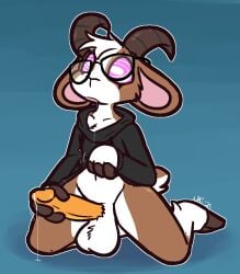 2_horns anthro ball_tuft balls bean_(beanthegoat) belly_exposed black_clothing black_hoodie black_topwear blue_background blush bodily_fluids bottomless bottomless_anthro bottomless_male bovid brown_body brown_horn caprine chest_tuft clothed clothing clothing_grab clothing_lift cum cum_string dazed drooling erection eyewear fingerless_(marking) forced forced_masturbation fur genital_fluids genitals glasses glasses_askew goat goat_ears goat_tail head_tuft holding_penis hoodie hooves horizontal_pupils horn hypnosis kneeling leaking_cum leg_markings looking_up male male_anthro mammal markings masturbation mind_control navel open_mouth orange_blush orange_penis outline penile penile_masturbation penis pink_eyes pink_inner_ear pink_mouth pupils raised_clothing raised_hoodie raised_topwear saliva saliva_string signature simple_background socks_(marking) solo spiral_eyes submissive submissive_anthro submissive_male tail topwear tuft ultilix undressing white_body white_fur white_outline white_pupils