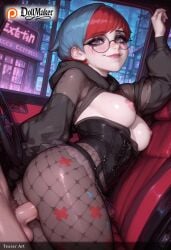 ai_generated anal ass blush bookshelf breasts clothed_sex dollmaker dollmaker_(artist) female fishnet_legwear fishnets freckles glasses hood hood_down hoodie looking_at_viewer lying nipples patreon_username penis pubic_hair pussy red_hair sex short_hair smile solo_focus straight sweat table tagme vaginal_penetration