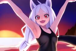 1girls ai_generated armpits arms_up beach breasts cerberus_(helltaker) clothing demon demon_girl dog_ears dog_girl fangs female female_only helltaker long_hair outdoors red_eyes small_breasts smile solo standing tank_top white_hair