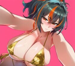 1girls ai_generated bikini female female_focus female_only golden_bikini hoyoverse light-skinned_female light_skin mihoyo mihoyo_technology_(shanghai)_co._ltd. new_eridu_public_security solo solo_female solo_focus zenless_zone_zero zhu_yuan