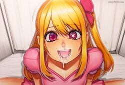2025 ai_generated artist_name blonde_hair blush bow crazyfishbones cum female hoshino_ruby long_hair looking_at_viewer open_mouth smile solo