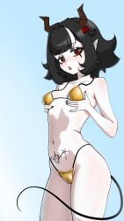 bikini black_hair demon_girl golden_bikini gothic gothic_girl horns maggy_(maggys_basement) maggys_basement red_eyes succubus succubus_tail