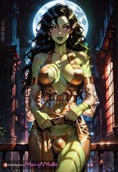 ai_generated areola areola_slip black_areola black_hair black_nipples blush blush disney disney_channel dress earrings flaccid flaccid_penis futa_only futanari gold_dress gold_thong green_body green_eyes green_skin kim_possible makeup manofmidas navel penis_bulge shego sleeves solo solo_futa thong