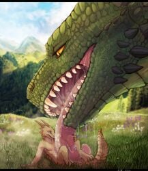 2022 acidic ambiguous_gender anthro anthro_on_feral blue_eyes blue_sky bodily_fluids brown_body brown_scales cloud day dragon drooling duo fangs feral flower glistening glistening_eyes grass green_body green_scales hi_res intraspecies intraspecies_bestiality kobold larger_ambiguous larger_feral licking lying male male/ambiguous male_on_feral mountain mythological_creature mythological_scalie mythology narrowed_eyes nude on_back open_mouth oral orange_body orange_eyes orange_scales outside oversized_oral pink_tongue plant pupils saliva saliva_string scales scalie sex sharp_teeth signature size_difference sky slit_pupils smaller_anthro smaller_male snout teeth tongue tongue_out tree yellow_eyes zoophilia