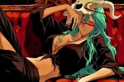 ai_generated artist_request big_breasts bleach face_markings green_hair laying_on_side midriff nelliel_tu_odelschwanck skull_mask