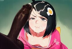 ai_generated aigatari araragi_tsukihi black_hair boy cuckold cum cum_in_mouth dark-skinned_male facial fellatio female interracial japanese_clothes monogatari_(series) mosaic_censoring netorare netorase ntr oral small_breasts very_dark_skin