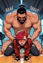 1girls ai_generated arcane arcane_vi artist_request doggy_style female league_of_legends lesbian_conversion lesbian_with_male male muscular muscular_male orientation_play tagme vi waist_grab