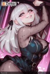 ai_generated black_ribbon blush breasts dollmaker dollmaker_(artist) eyebrows_visible_through_hair female hair_between_eyes hair_ribbon heart heart-shaped_pupils long_hair looking_at_viewer medium_breasts patreon_logo patreon_username ribbon silver_hair smile solo symbol-shaped_pupils tagme watermark web_address