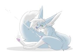 absurd_res animal_genitalia animal_penis anthro blue_body bodily_fluids canid canine canine_genitalia canine_penis cum cum_on_face fox genital_fluids genitals green_eyes hi_res inner_ear_fluff kif_yppreah kifyun2 looking_at_viewer male mammal masturbation penis simple_background sitting solo tuft
