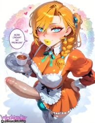 1futa ai_generated apron artist_name asymmetrical_bangs bangs blonde_hair blue_eyes blue_flower blush braid covered_nipples cum cup dialogue earrings erection eyebrows_visible_through_hair eyelashes eyeshadow femboy flower freckles frills hair_ornament hair_ribbon hand_on_hip heart holding_tray jewelry juliet_sleeves lipstick long_hair long_sleeves looking_at_viewer neck_ribbon nipple_bulge nipples_visible_through_clothing penis puffy_lips puffy_sleeves ribbon rose smile solo standing sweat teacup thighhighs trap tray veins veiny_penis waist_apron white_legwear wizmothkey yellow_lipstick