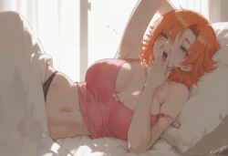 ai_generated big_breasts kizirugai midriff nora_valkyrie one_eye_closed orange_hair rwby waking_up yawn