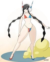 1female bikini disrobe disrobing elesa_(pokemon) elesa_(pokemon_bw2) gym_leader hourglass_figure long_legs luleivon nintendo pokemon pokemon_battle slender_body small_breasts solo solo_female tall_female