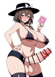 absurdres bar_censor black_bra black_thighhighs blush bow bra breasts brown_hair collarbone commission condom female futanari highres holding holding_condom huge_breasts midriff navel open_clothes open_shorts penis pink_nails pixiv_commission short_hair shorts side_ponytail simple_background smile solo ssaf_seibeupail testicles textless_version thick_thighs thighhighs thighs touhou underwear usami_renko white_background white_bow