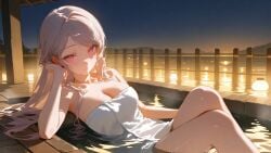 1girls ai_generated hot_spring medium_breasts overlord_(maruyama) red_eyes shalltear_bloodfallen towel towel_only vampire vampire_girl white_hair