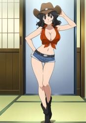 ai_generated amagami belly belly_button big_breasts big_breasts big_titties black_eyes black_hair cleavage cowboy cowboy_boots cowboy_hat cowboy_outfit cowgirl_boots cowgirl_hat cowgirl_outfit jean_shorts jeans large_breasts medium_hair sfa1903 short_jeans shorts tanamachi_kaoru thigh_gap thighs