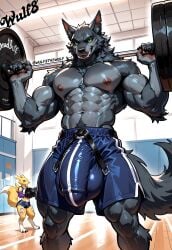 abs ai_generated anthro balls big_balls big_muscles big_penis canid canine canis deadlift digimon digimon_(species) erection full_moon furry green_eyes grey_body grey_fur gym huge_balls huge_cock humanoid_penis hyper hyper_balls hyper_penis lifting_weights low-angle_view male male_focus male_only moon muscular muscular_male pecs penis penis_bulge pubic_hair renamon solo solo_male veiny_penis werewolf wolf wulf8 wulf8_the_wolf