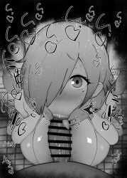 1boy 1girls :>= big_breasts big_penis black_and_white blush breasts censored detailed_background drooling eyelashes fellatio female hair_over_one_eye heart human indoor inside kneeling kunoichi kurotama kusagakure_fumiko looking_at_viewer male male_pov ninja ninja_to_koroshiya_no_futarigurashi oral oral_sex penis ponytail pov room saliva shiny shiny_skin short_hair sketch sound_effects squatting sweat text tongue_out vein veins veiny veiny_penis